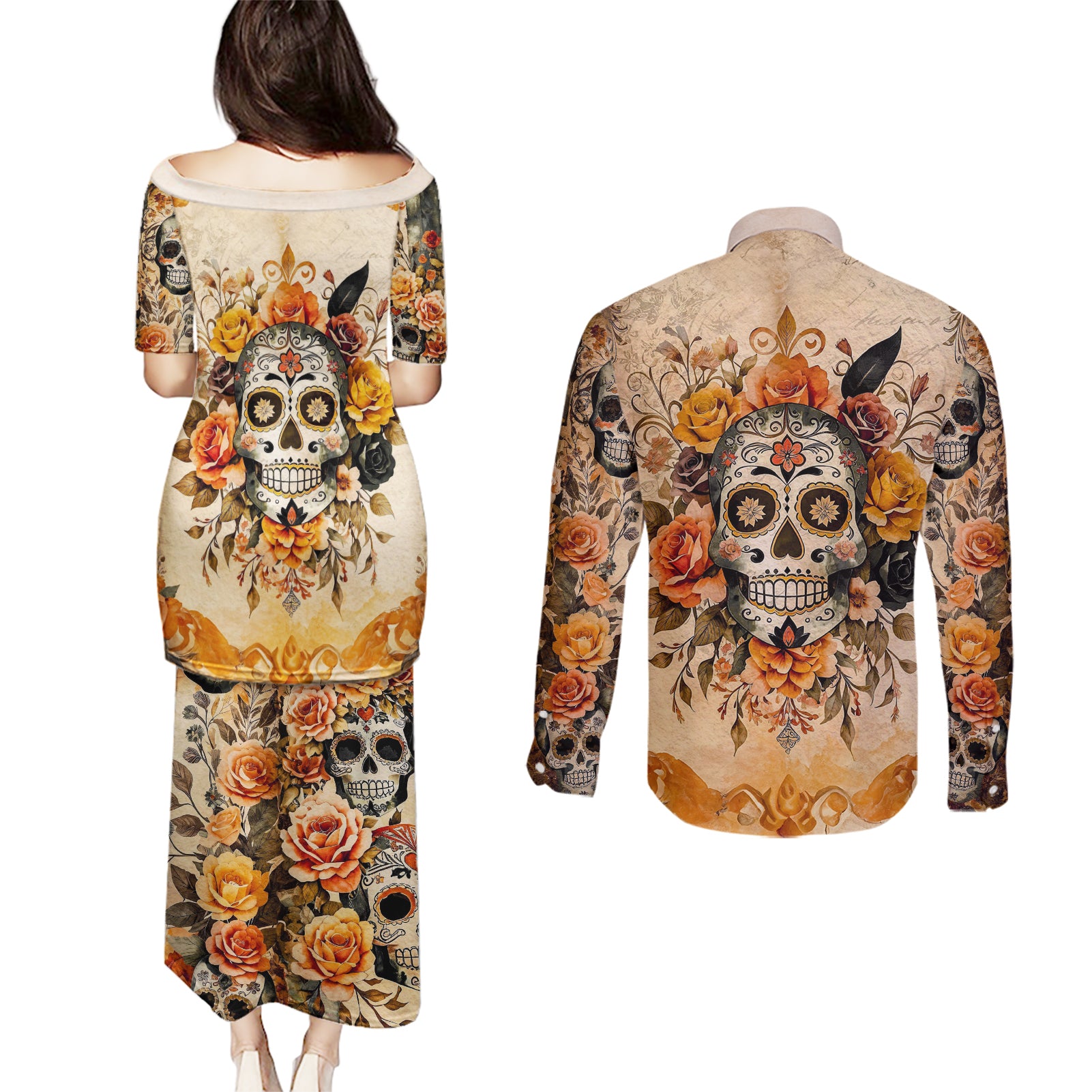 Sugar Skull Couples Matching Puletasi Dress and Long Sleeve Button Shirt Rose Sugar Skull Vintage - Wonder Print Shop
