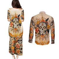 Sugar Skull Couples Matching Puletasi Dress and Long Sleeve Button Shirt Rose Sugar Skull Vintage - Wonder Print Shop