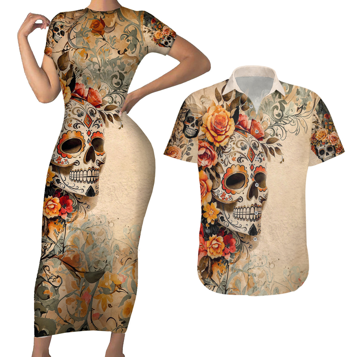 Sugar Skull Couples Matching Short Sleeve Bodycon Dress and Hawaiian Shirt Rose Sugar Skull Vintage - Wonder Print Shop
