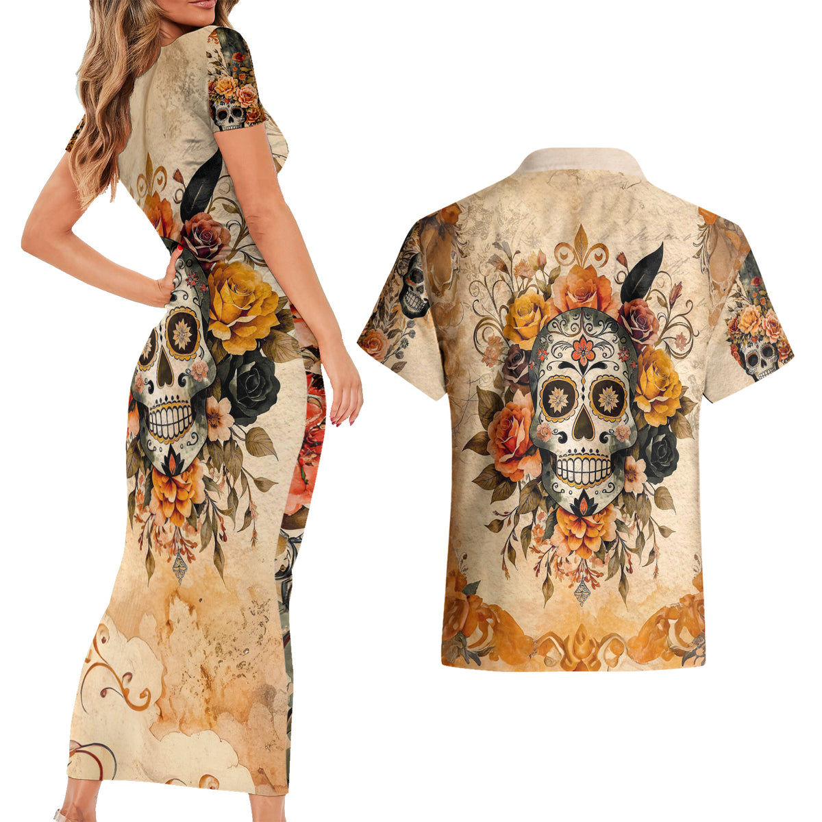 Sugar Skull Couples Matching Short Sleeve Bodycon Dress and Hawaiian Shirt Rose Sugar Skull Vintage - Wonder Print Shop