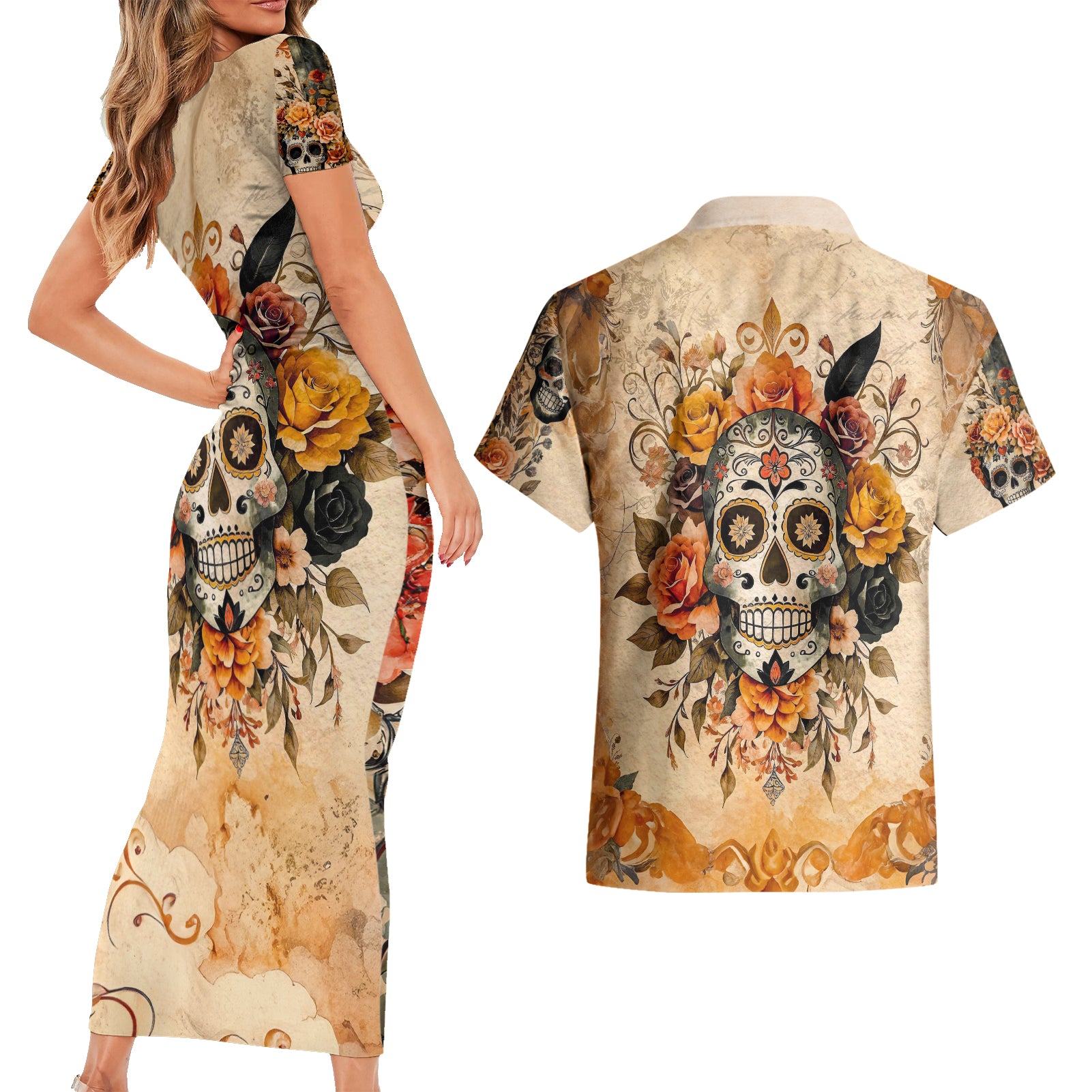 Sugar Skull Couples Matching Short Sleeve Bodycon Dress and Hawaiian Shirt Rose Sugar Skull Vintage - Wonder Print Shop