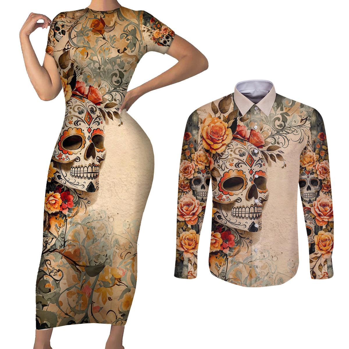 Sugar Skull Couples Matching Short Sleeve Bodycon Dress and Long Sleeve Button Shirt Rose Sugar Skull Vintage - Wonder Print Shop