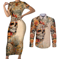 Sugar Skull Couples Matching Short Sleeve Bodycon Dress and Long Sleeve Button Shirt Rose Sugar Skull Vintage - Wonder Print Shop