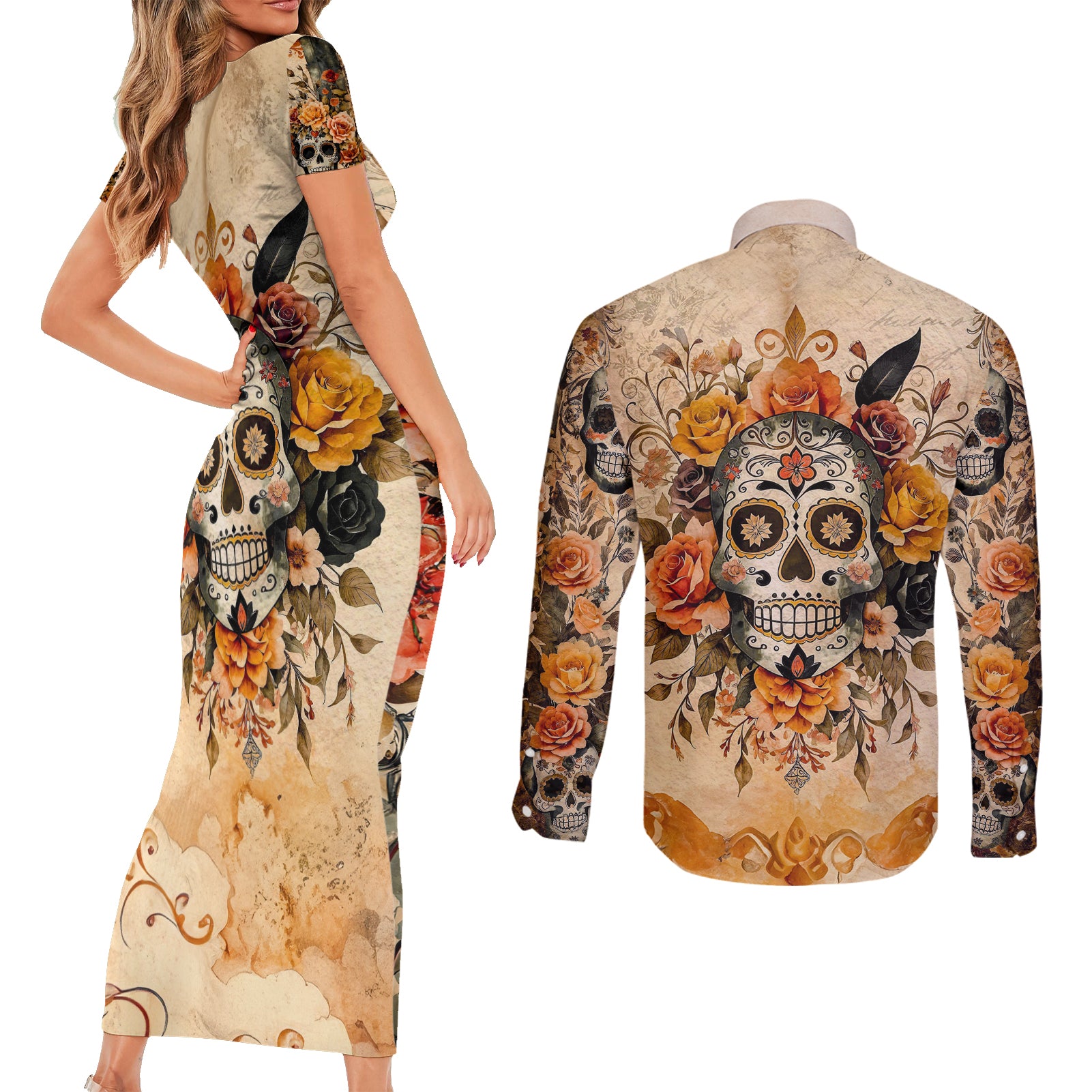 Sugar Skull Couples Matching Short Sleeve Bodycon Dress and Long Sleeve Button Shirt Rose Sugar Skull Vintage - Wonder Print Shop