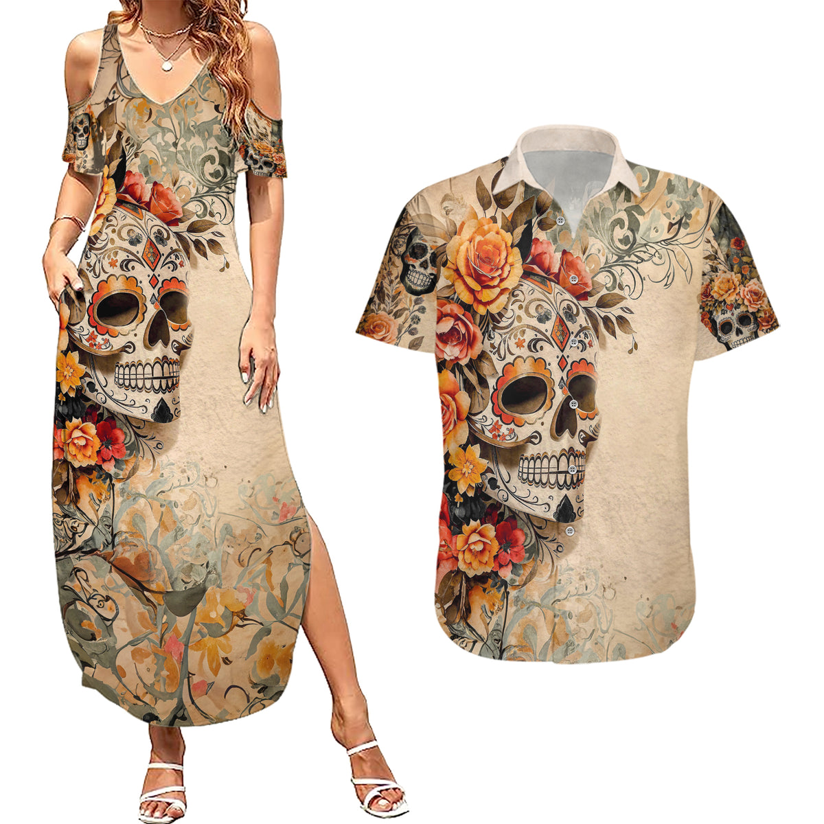 Sugar Skull Couples Matching Summer Maxi Dress and Hawaiian Shirt Rose Sugar Skull Vintage - Wonder Print Shop