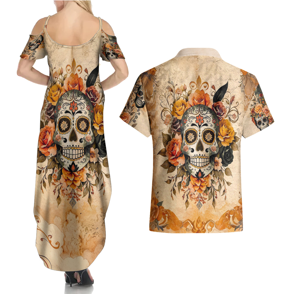 Sugar Skull Couples Matching Summer Maxi Dress and Hawaiian Shirt Rose Sugar Skull Vintage - Wonder Print Shop