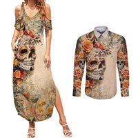 Sugar Skull Couples Matching Summer Maxi Dress and Long Sleeve Button Shirt Rose Sugar Skull Vintage - Wonder Print Shop