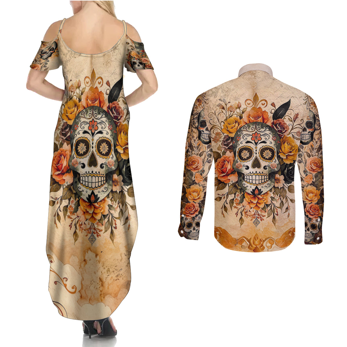 Sugar Skull Couples Matching Summer Maxi Dress and Long Sleeve Button Shirt Rose Sugar Skull Vintage - Wonder Print Shop