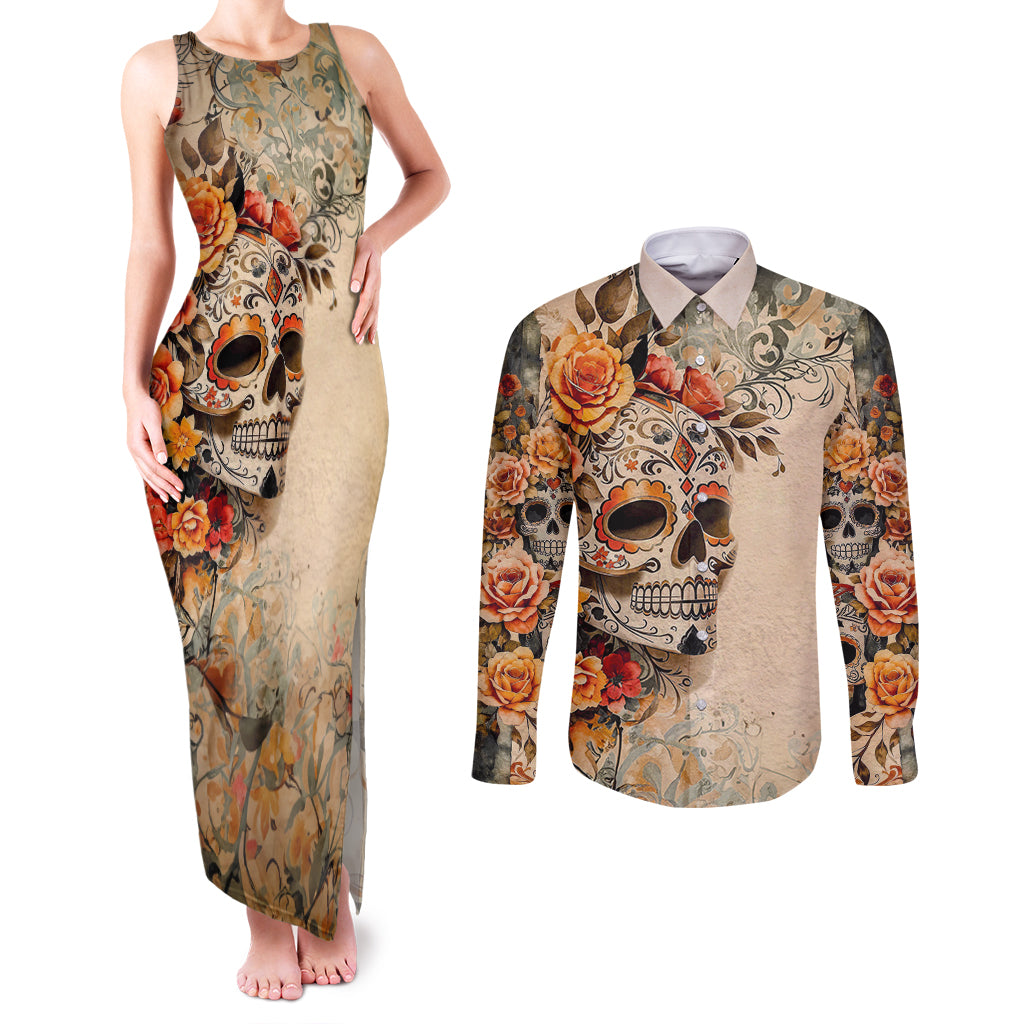 Sugar Skull Couples Matching Tank Maxi Dress and Long Sleeve Button Shirt Rose Sugar Skull Vintage - Wonder Print Shop