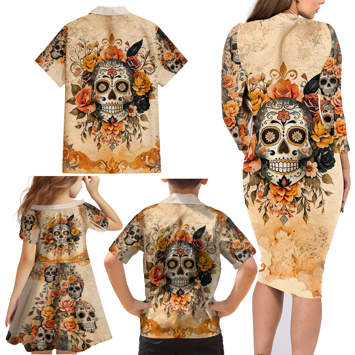 Sugar Skull Family Matching Long Sleeve Bodycon Dress and Hawaiian Shirt Rose Sugar Skull Vintage - Wonder Print Shop