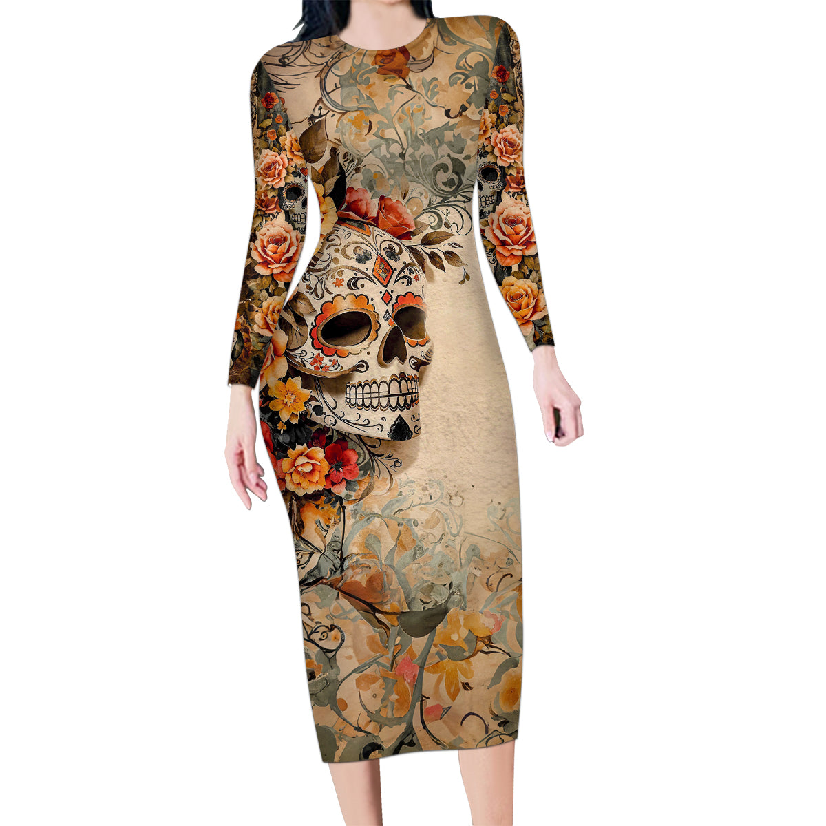 Sugar Skull Family Matching Long Sleeve Bodycon Dress and Hawaiian Shirt Rose Sugar Skull Vintage - Wonder Print Shop