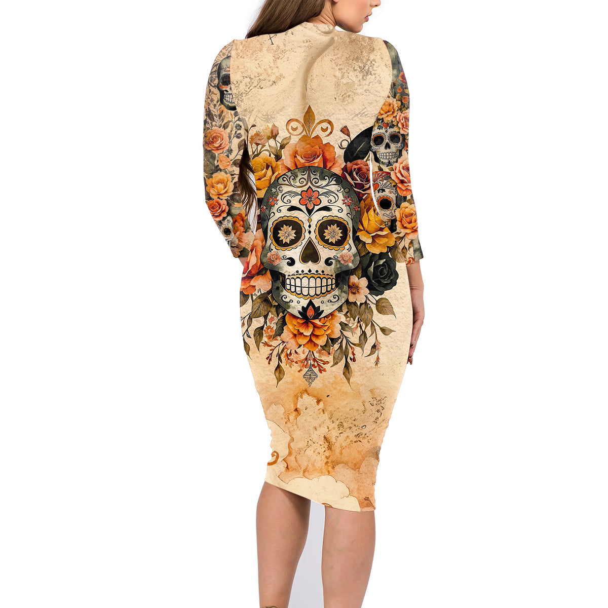 Sugar Skull Family Matching Long Sleeve Bodycon Dress and Hawaiian Shirt Rose Sugar Skull Vintage - Wonder Print Shop