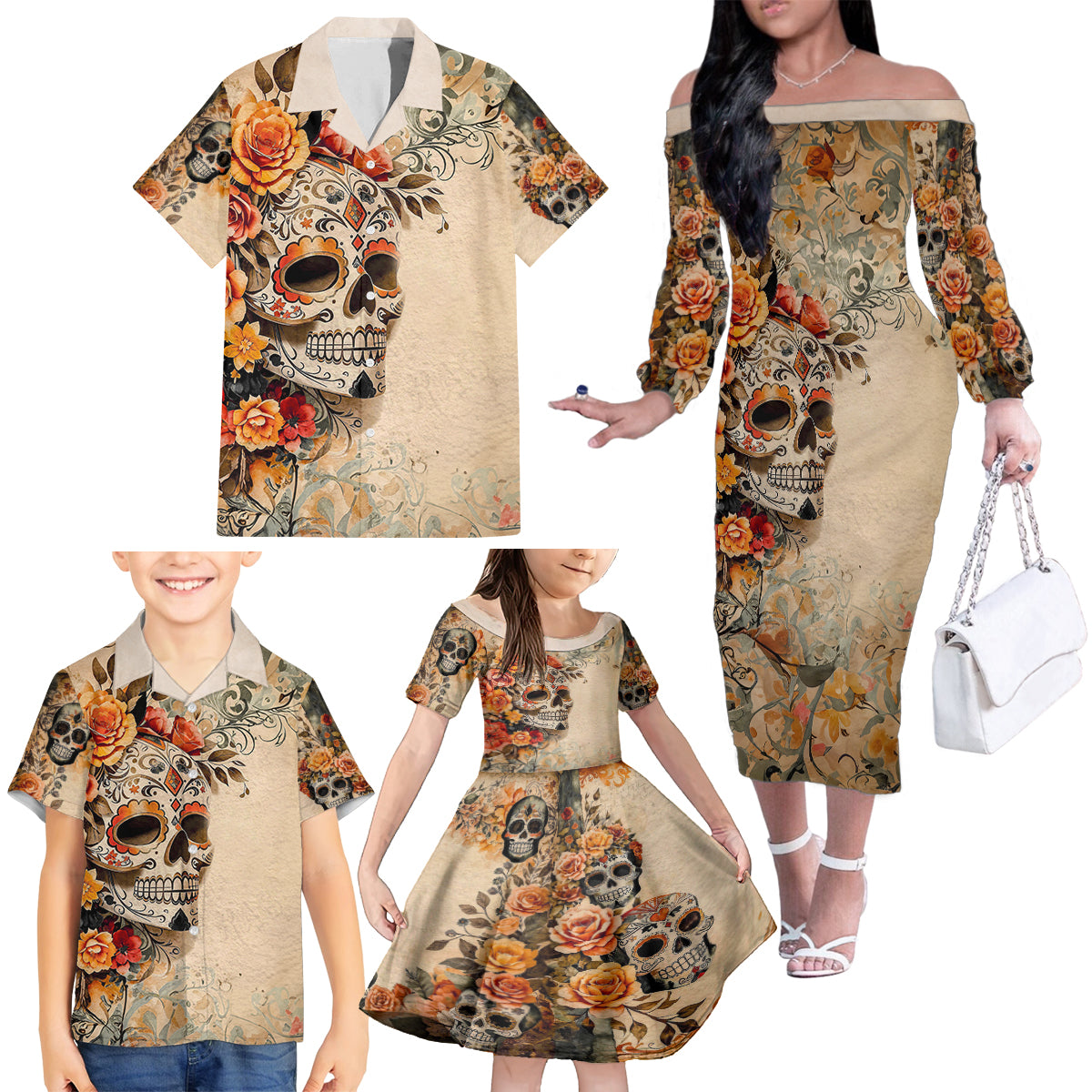 Sugar Skull Family Matching Off Shoulder Long Sleeve Dress and Hawaiian Shirt Rose Sugar Skull Vintage - Wonder Print Shop