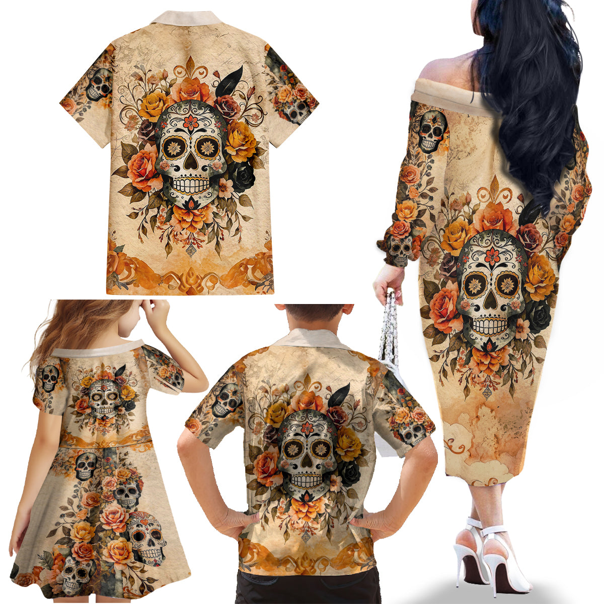 Sugar Skull Family Matching Off Shoulder Long Sleeve Dress and Hawaiian Shirt Rose Sugar Skull Vintage - Wonder Print Shop