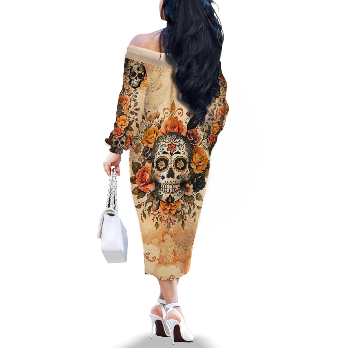 Sugar Skull Family Matching Off Shoulder Long Sleeve Dress and Hawaiian Shirt Rose Sugar Skull Vintage - Wonder Print Shop