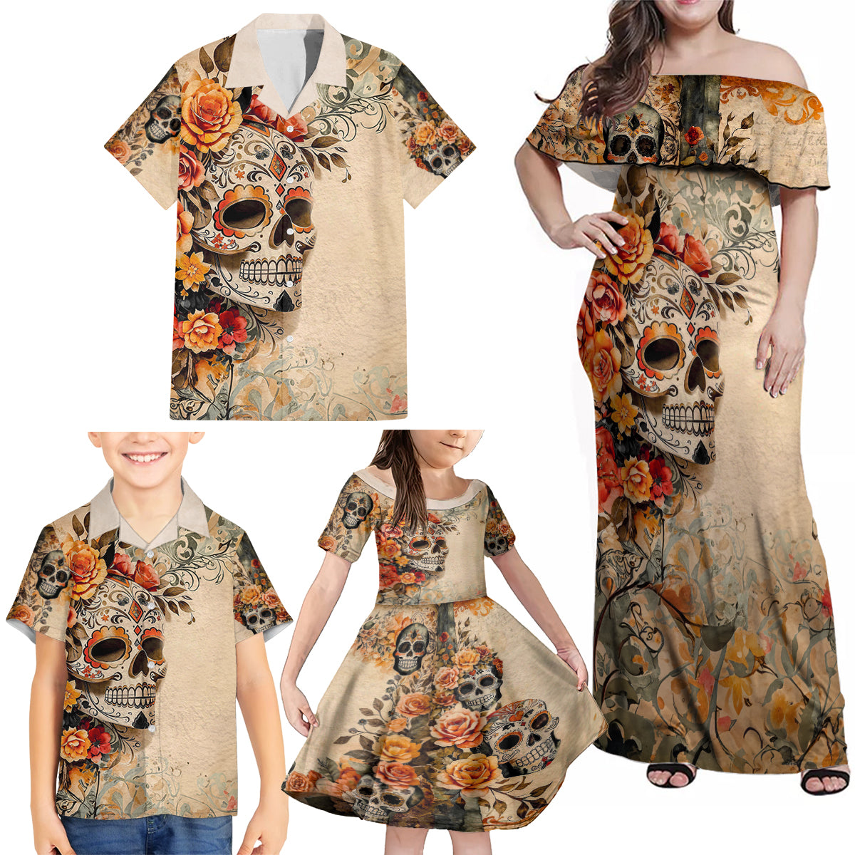 Sugar Skull Family Matching Off Shoulder Maxi Dress and Hawaiian Shirt Rose Sugar Skull Vintage - Wonder Print Shop