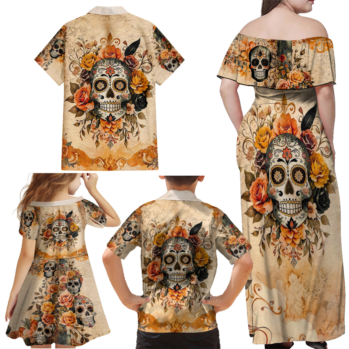 Sugar Skull Family Matching Off Shoulder Maxi Dress and Hawaiian Shirt Rose Sugar Skull Vintage - Wonder Print Shop