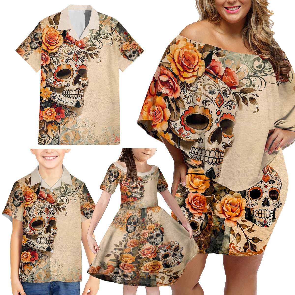 Sugar Skull Family Matching Off Shoulder Short Dress and Hawaiian Shirt Rose Sugar Skull Vintage - Wonder Print Shop