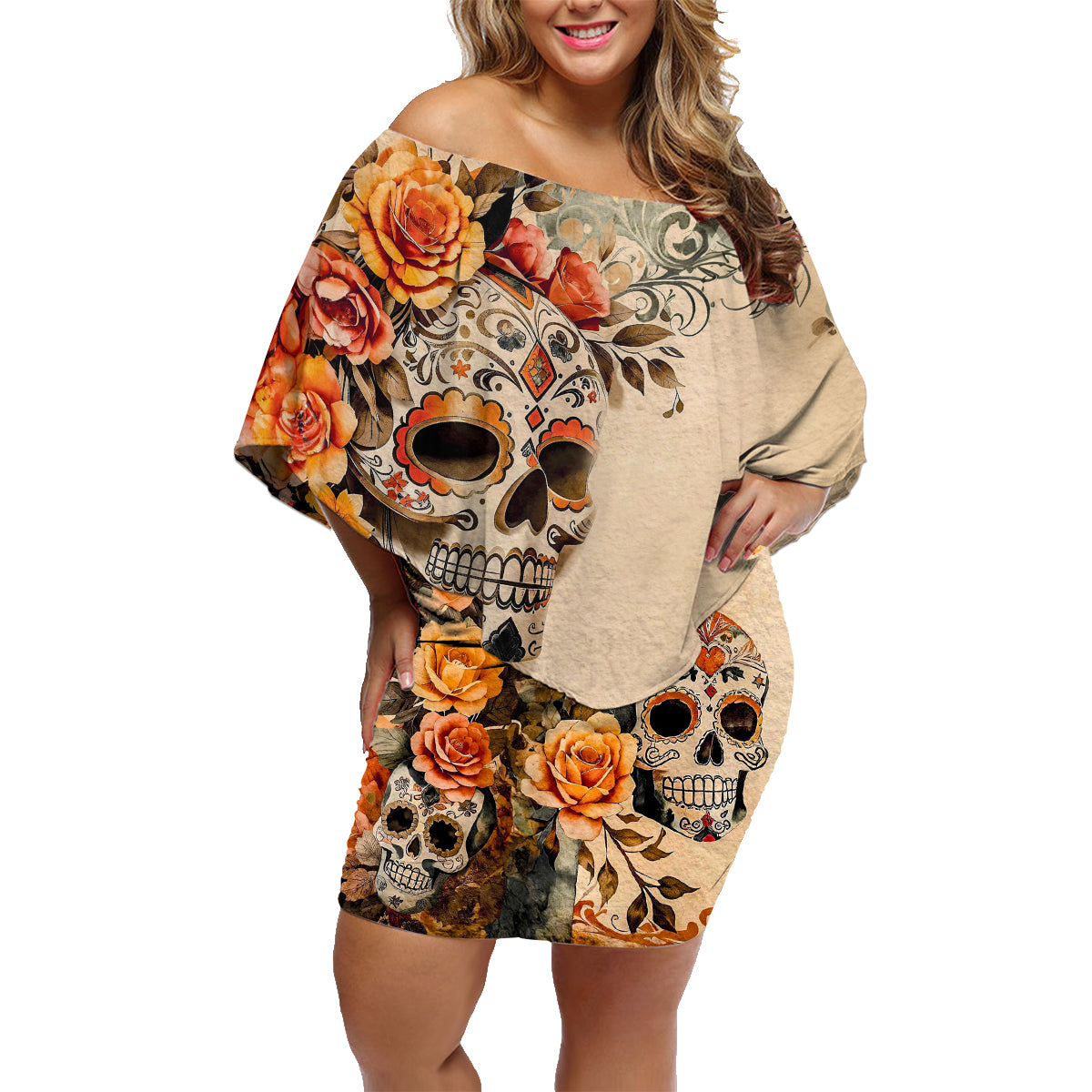 Sugar Skull Family Matching Off Shoulder Short Dress and Hawaiian Shirt Rose Sugar Skull Vintage - Wonder Print Shop