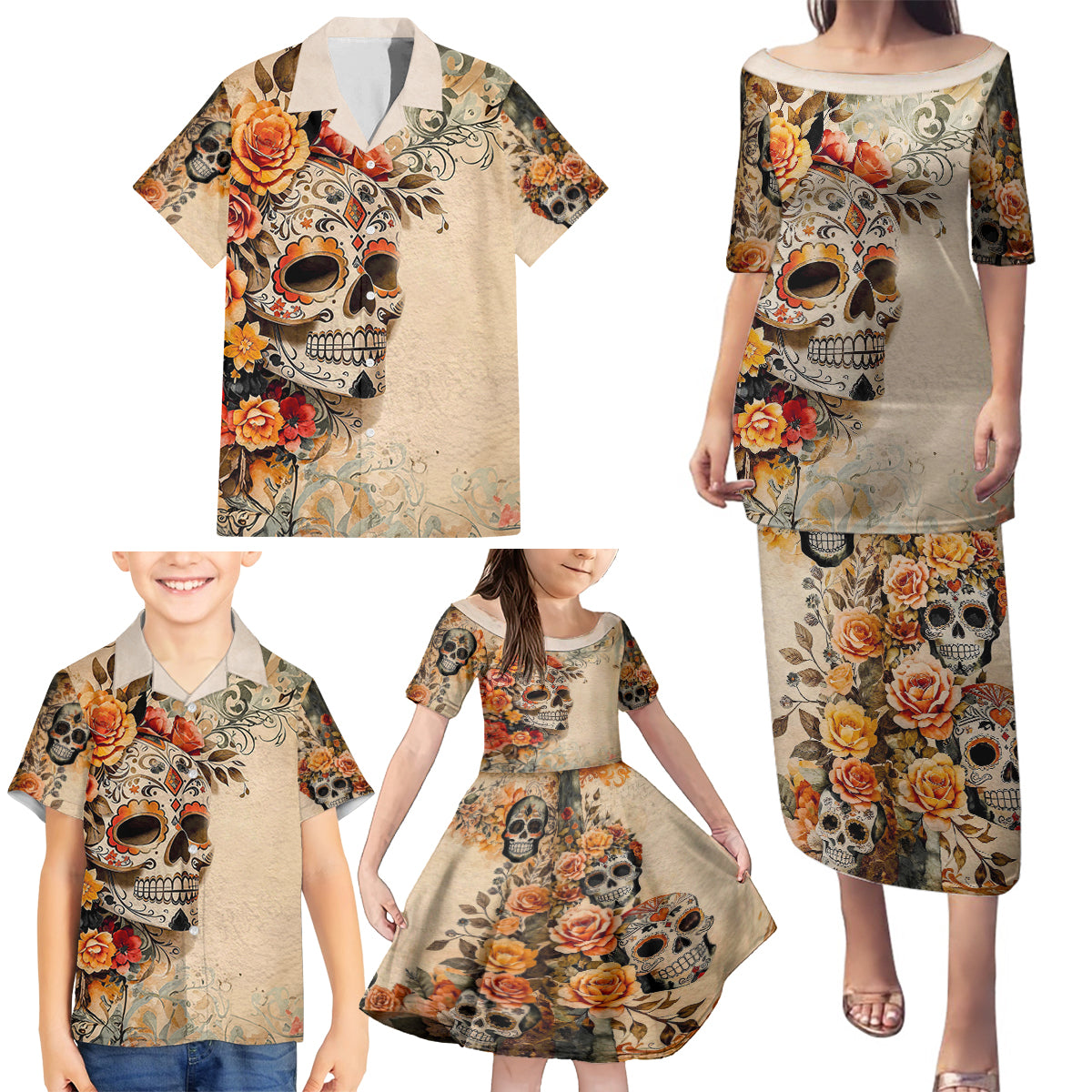 Sugar Skull Family Matching Puletasi Dress and Hawaiian Shirt Rose Sugar Skull Vintage - Wonder Print Shop