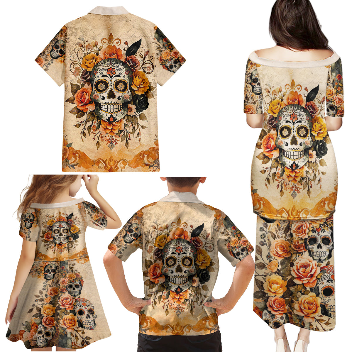 Sugar Skull Family Matching Puletasi Dress and Hawaiian Shirt Rose Sugar Skull Vintage - Wonder Print Shop