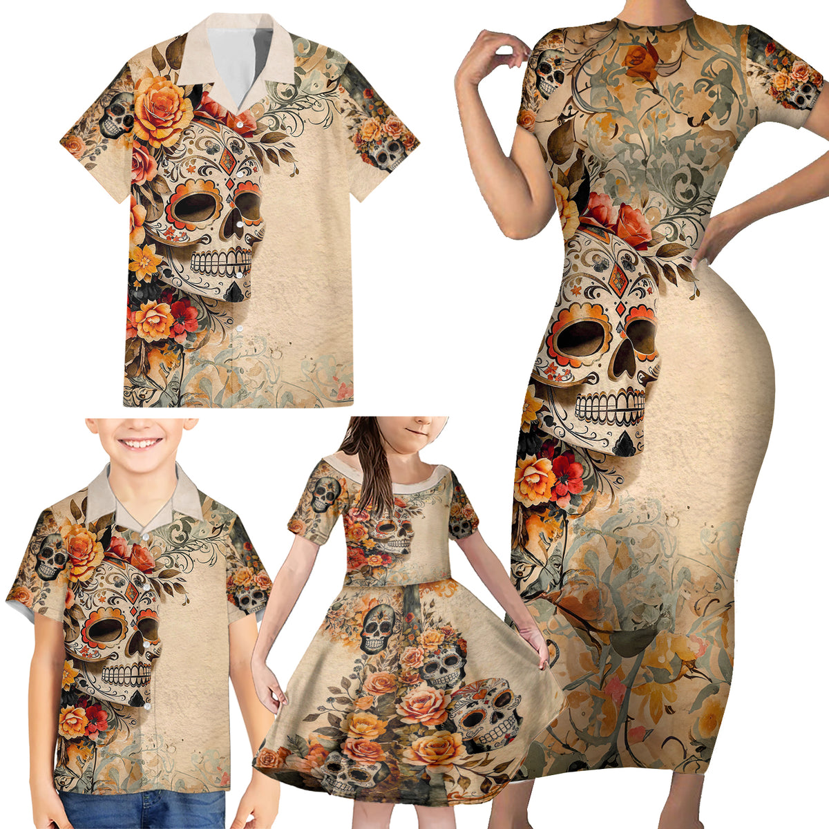 Sugar Skull Family Matching Short Sleeve Bodycon Dress and Hawaiian Shirt Rose Sugar Skull Vintage - Wonder Print Shop