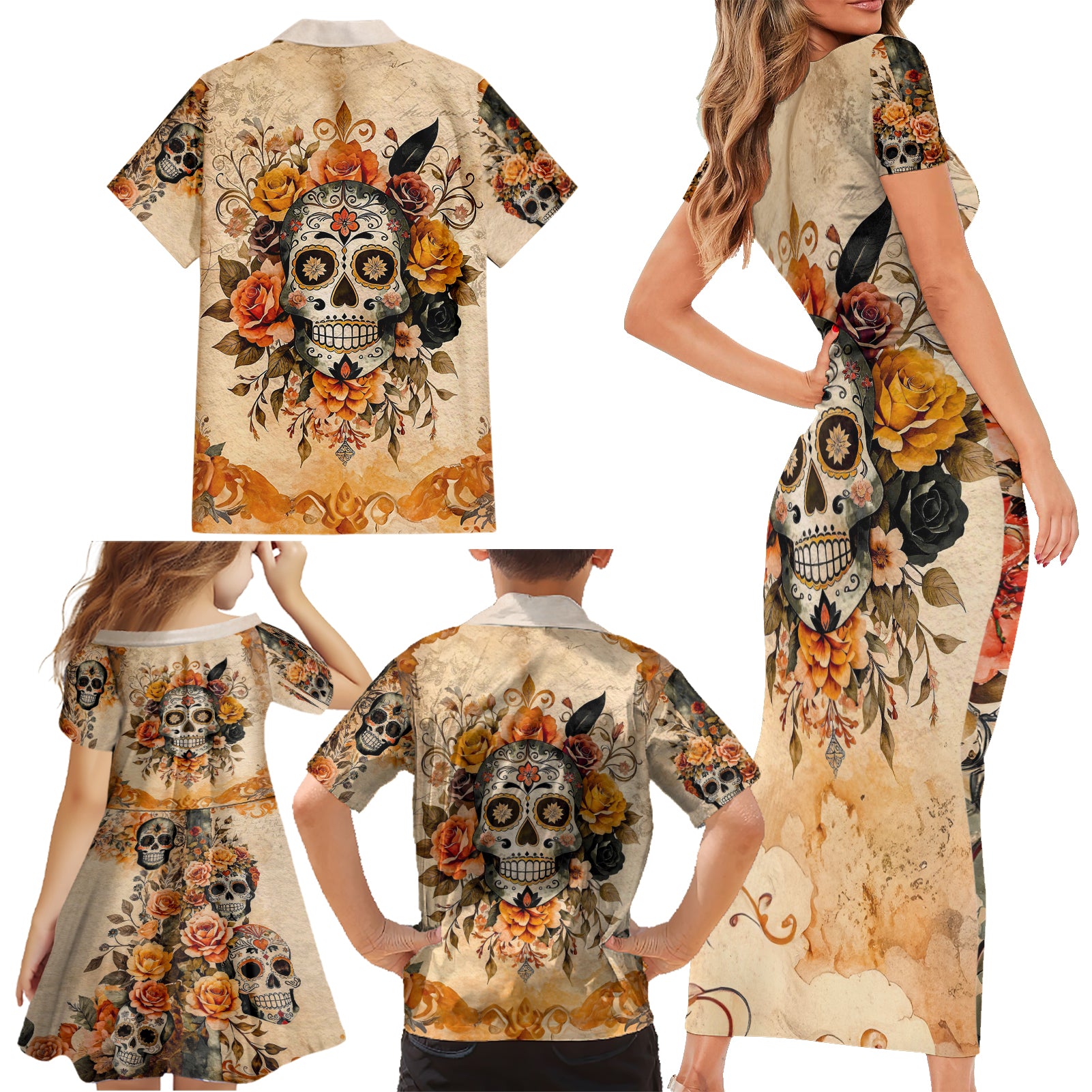 Sugar Skull Family Matching Short Sleeve Bodycon Dress and Hawaiian Shirt Rose Sugar Skull Vintage - Wonder Print Shop