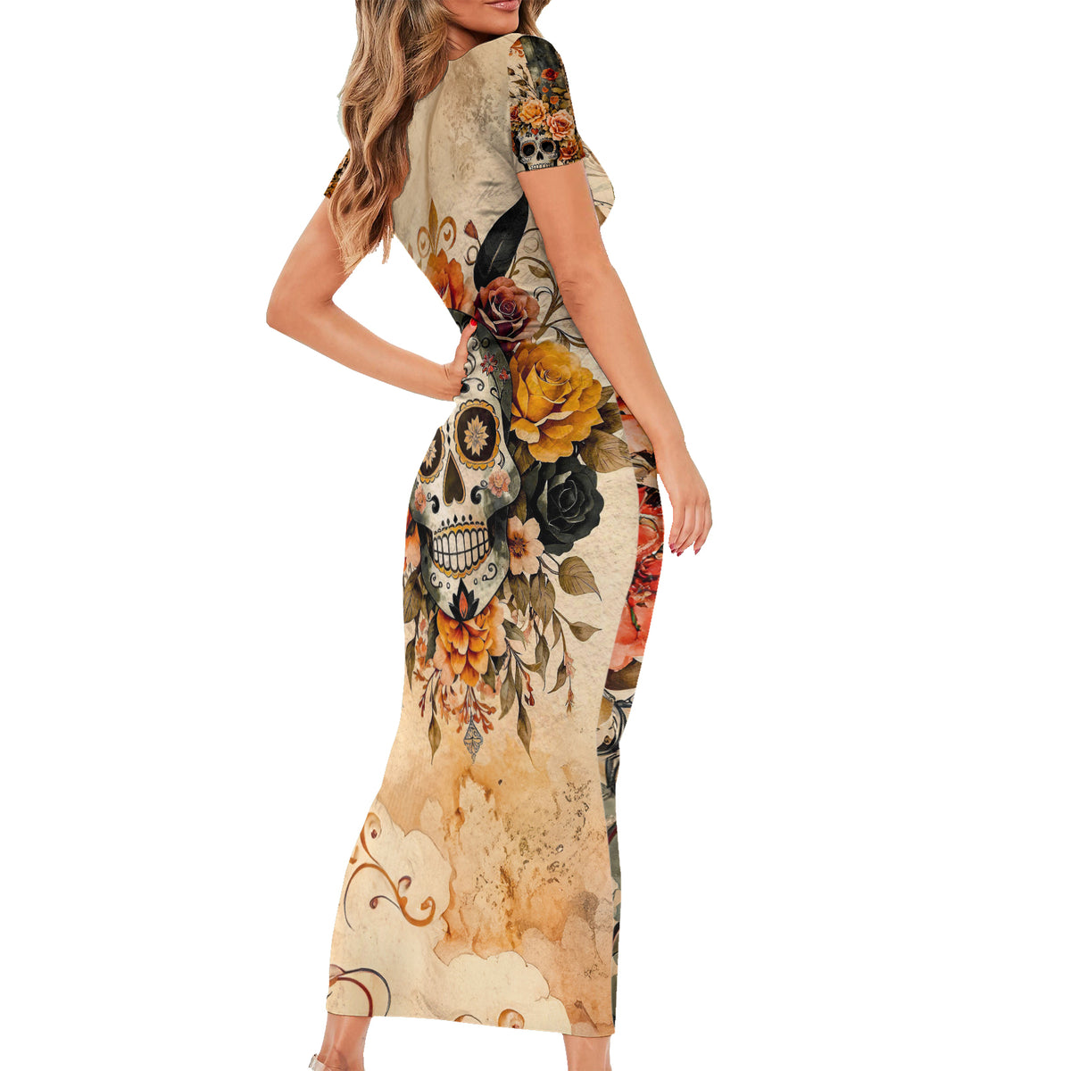 Sugar Skull Family Matching Short Sleeve Bodycon Dress and Hawaiian Shirt Rose Sugar Skull Vintage - Wonder Print Shop