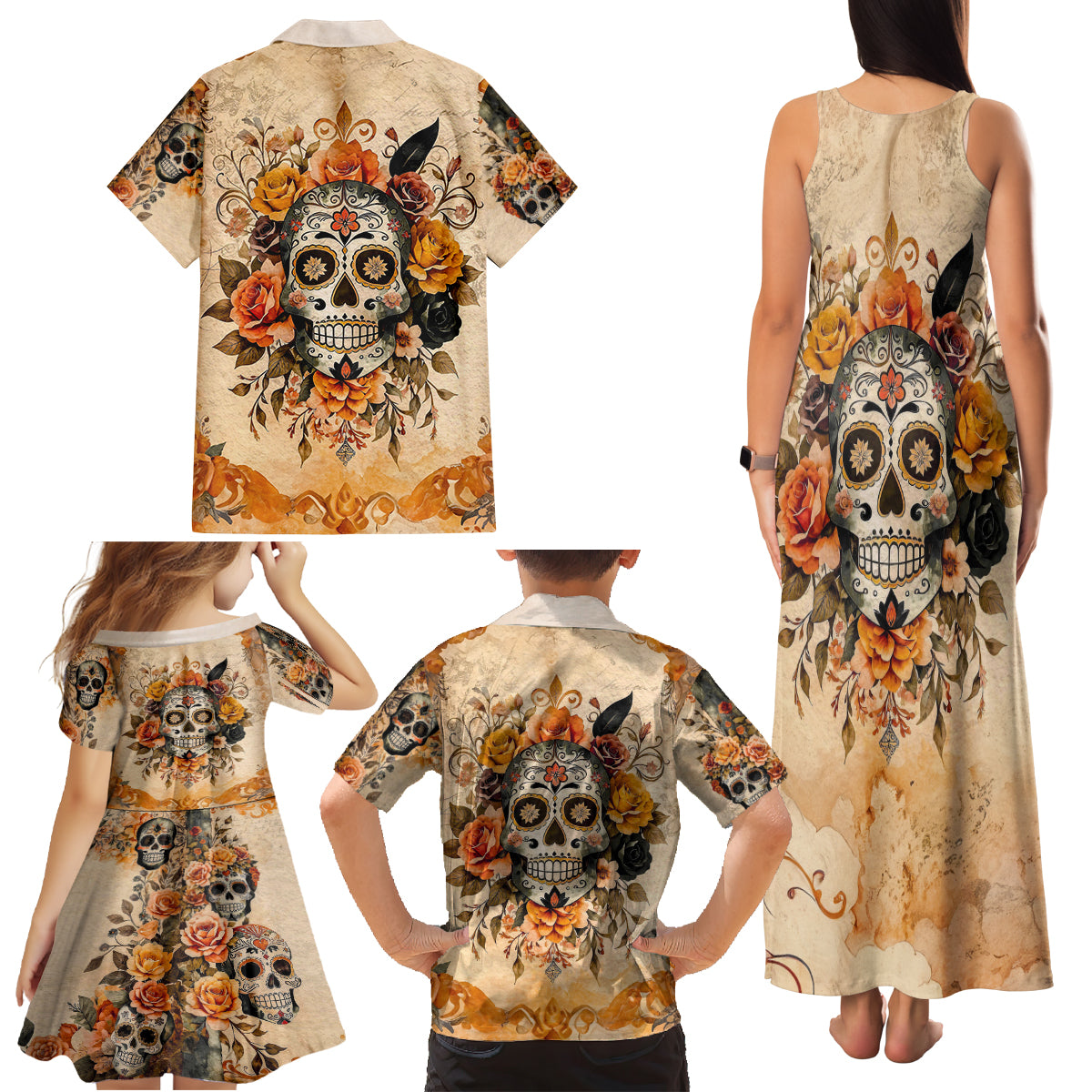 Sugar Skull Family Matching Tank Maxi Dress and Hawaiian Shirt Rose Sugar Skull Vintage - Wonder Print Shop