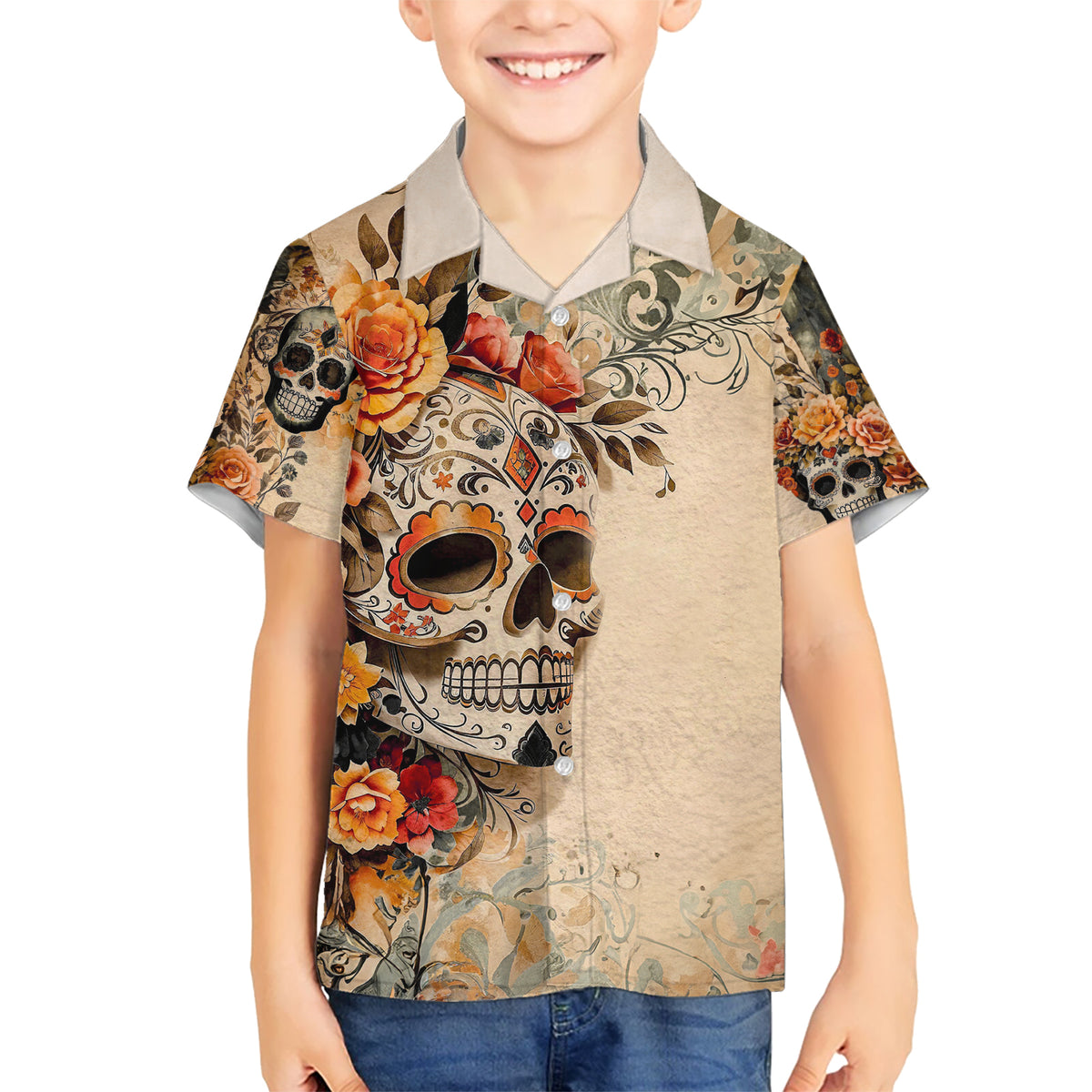 Sugar Skull Kid Hawaiian Shirt Rose Sugar Skull Vintage - Wonder Print Shop