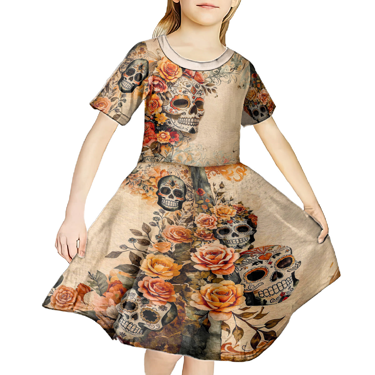 Sugar Skull Kid Short Sleeve Dress Rose Sugar Skull Vintage - Wonder Print Shop