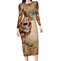 Sugar Skull Long Sleeve Bodycon Dress Rose Sugar Skull Vintage - Wonder Print Shop