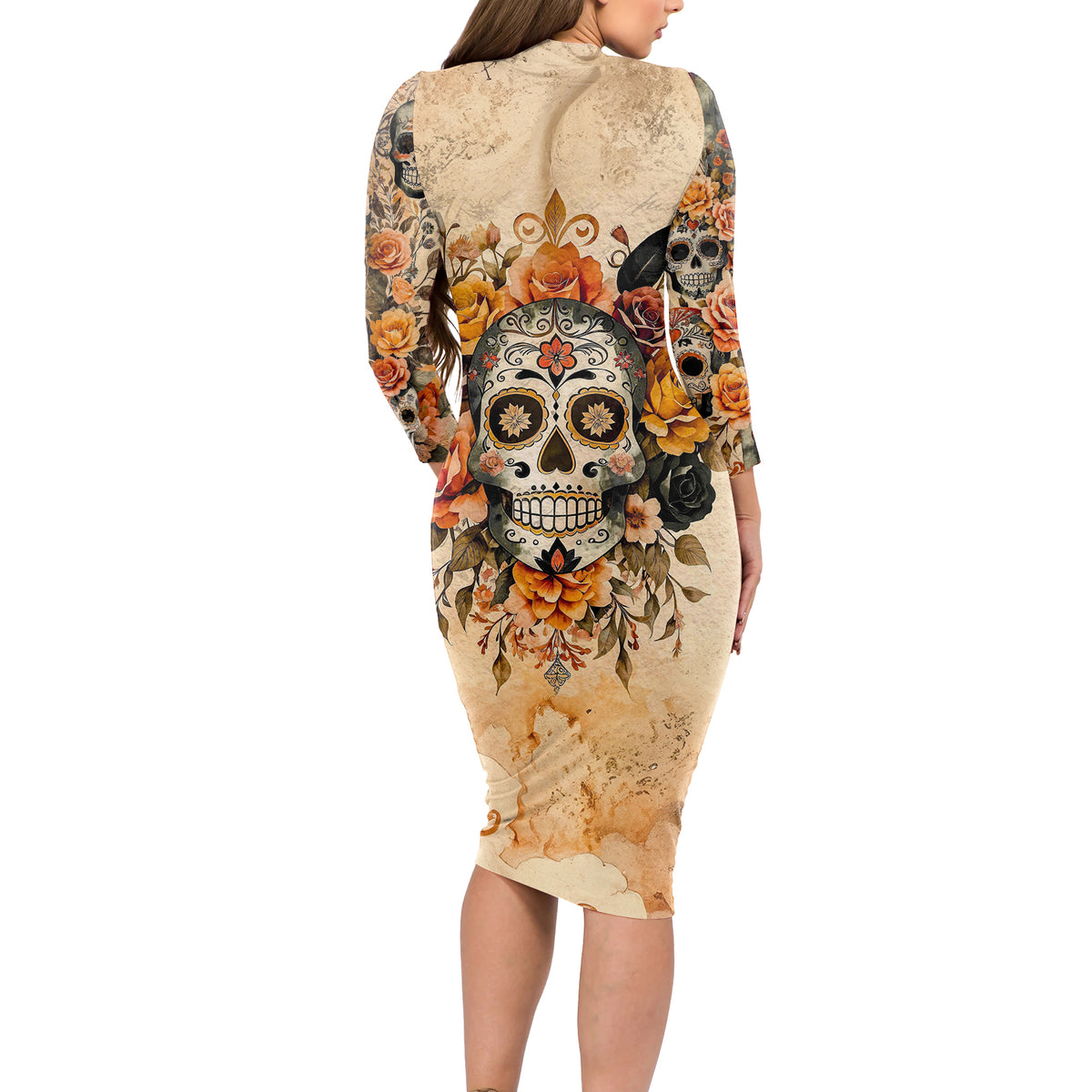 Sugar Skull Long Sleeve Bodycon Dress Rose Sugar Skull Vintage - Wonder Print Shop