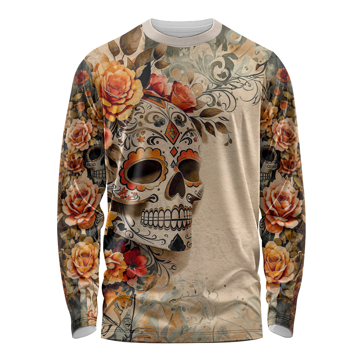 Sugar Skull Long Sleeve Shirt Rose Sugar Skull Vintage - Wonder Print Shop