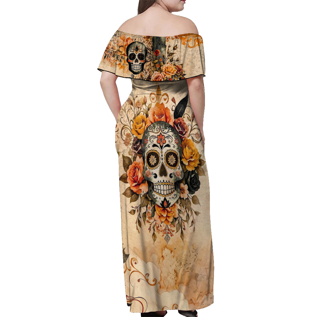 Sugar Skull Off Shoulder Maxi Dress Rose Sugar Skull Vintage - Wonder Print Shop