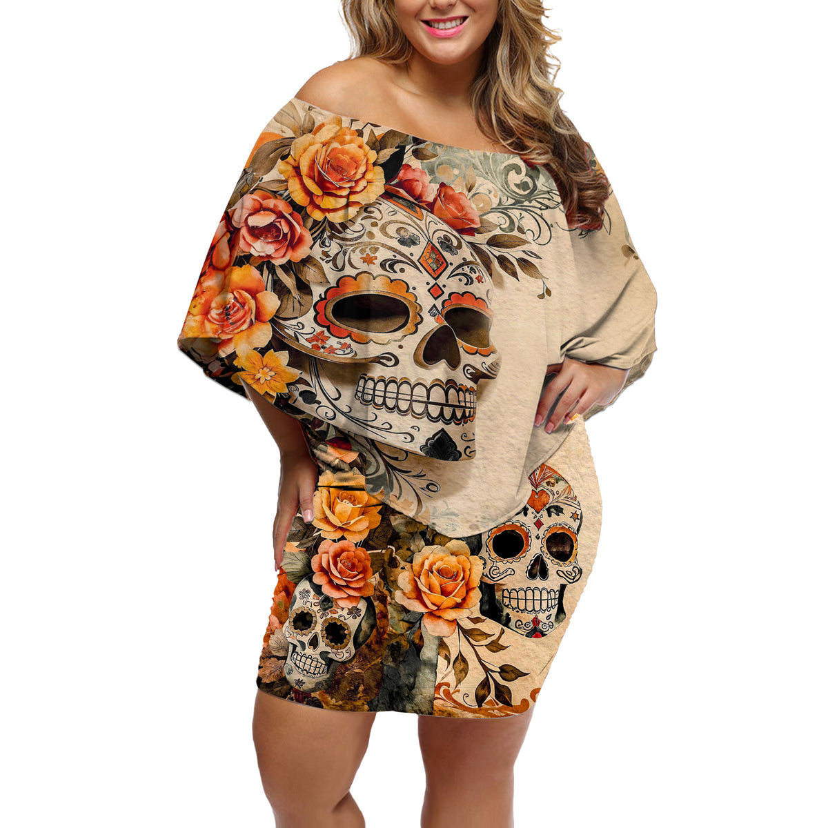 Sugar Skull Off Shoulder Short Dress Rose Sugar Skull Vintage - Wonder Print Shop