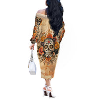 Sugar Skull Off The Shoulder Long Sleeve Dress Rose Sugar Skull Vintage - Wonder Print Shop