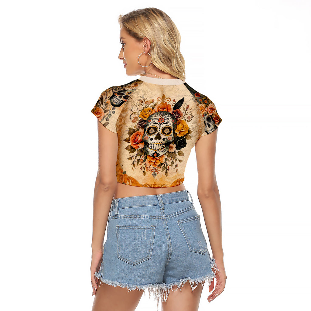 Sugar Skull Raglan Cropped T Shirt Rose Sugar Skull Vintage - Wonder Print Shop