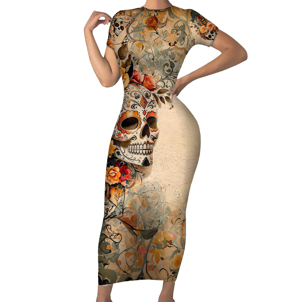 Sugar Skull Short Sleeve Bodycon Dress Rose Sugar Skull Vintage - Wonder Print Shop