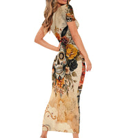 Sugar Skull Short Sleeve Bodycon Dress Rose Sugar Skull Vintage - Wonder Print Shop