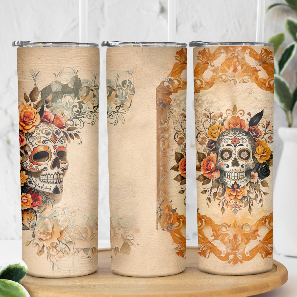 Sugar Skull Skinny Tumbler Rose Sugar Skull Vintage - Wonder Print Shop