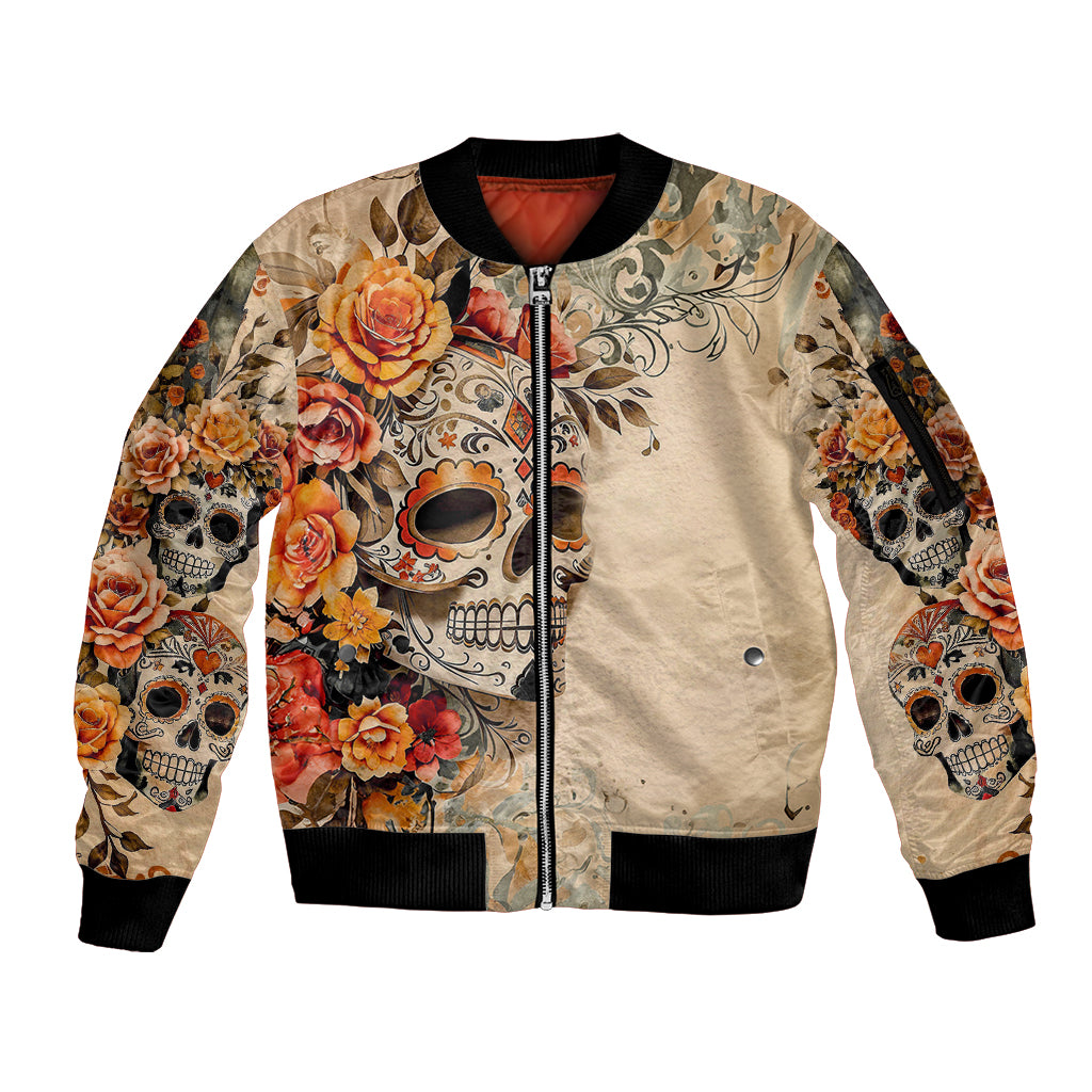 Sugar Skull Sleeve Zip Bomber Jacket Rose Sugar Skull Vintage - Wonder Print Shop