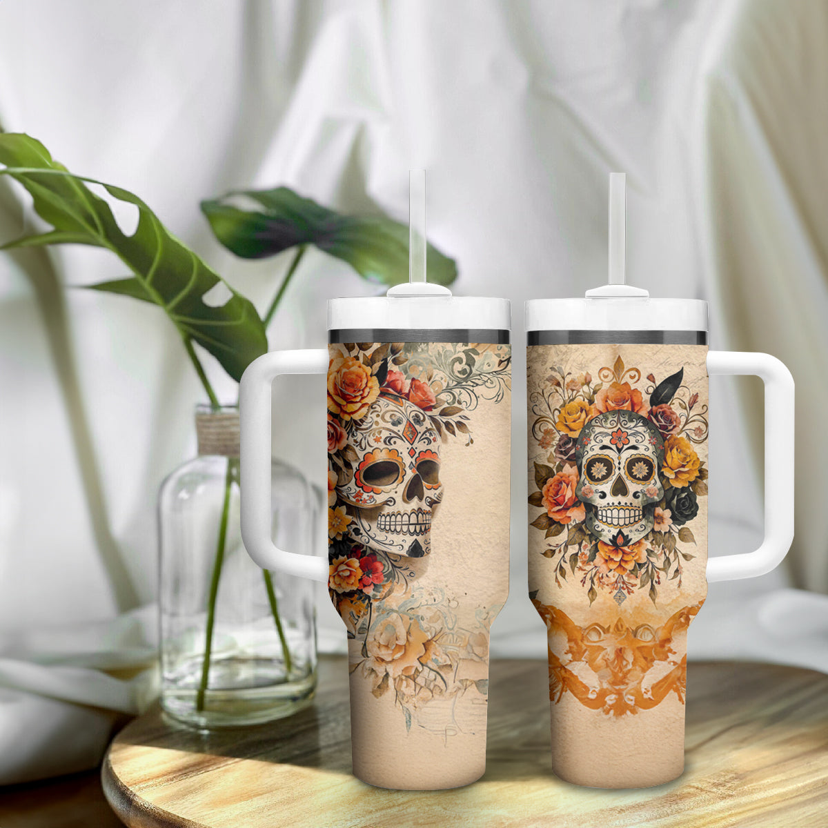 Sugar Skull Tumbler With Handle Rose Sugar Skull Vintage - Wonder Print Shop