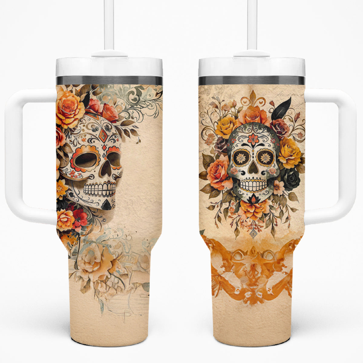 Sugar Skull Tumbler With Handle Rose Sugar Skull Vintage - Wonder Print Shop