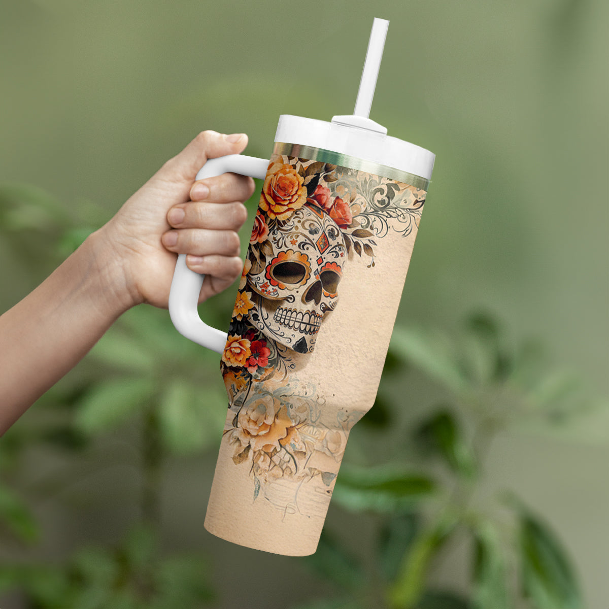 Sugar Skull Tumbler With Handle Rose Sugar Skull Vintage - Wonder Print Shop