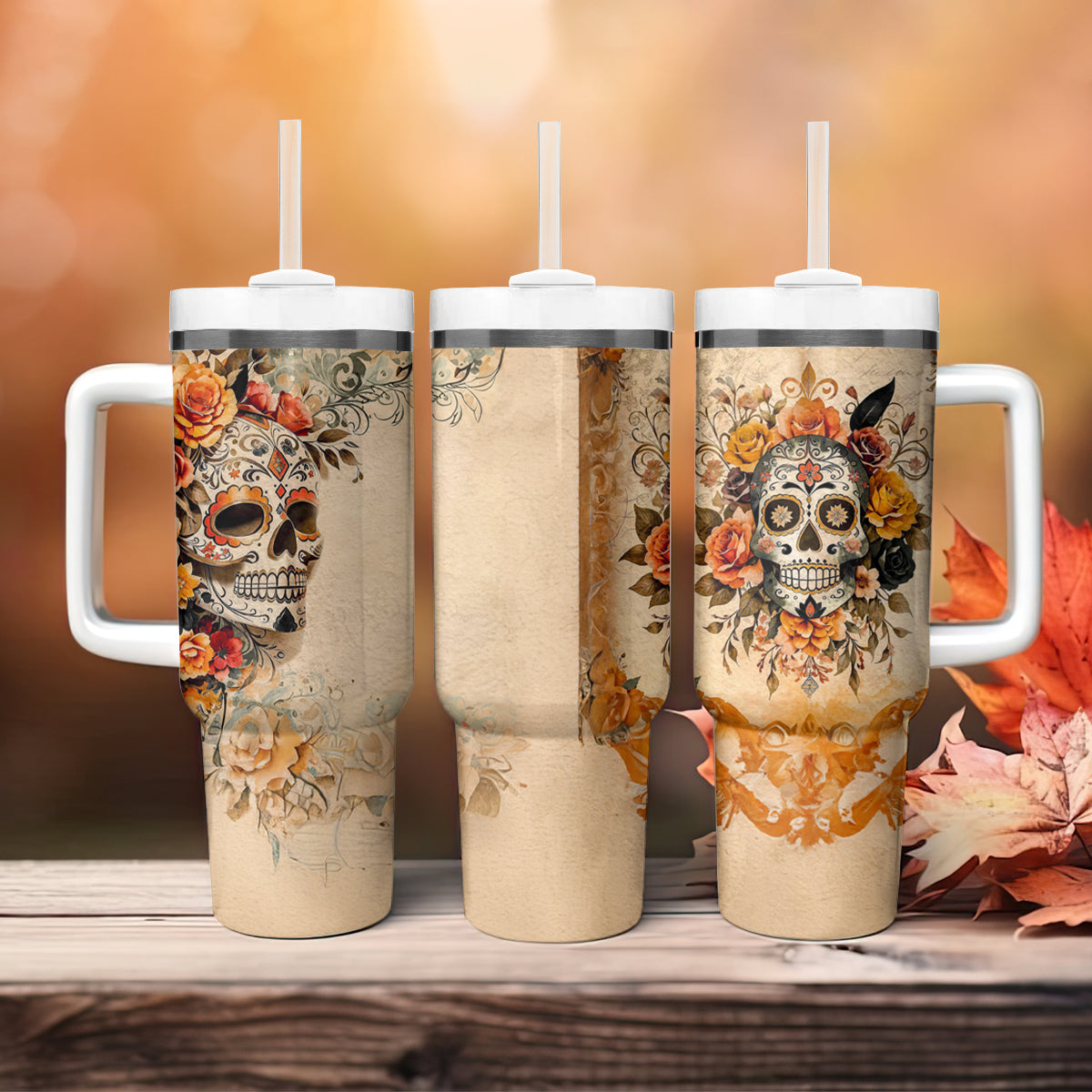 Sugar Skull Tumbler With Handle Rose Sugar Skull Vintage - Wonder Print Shop
