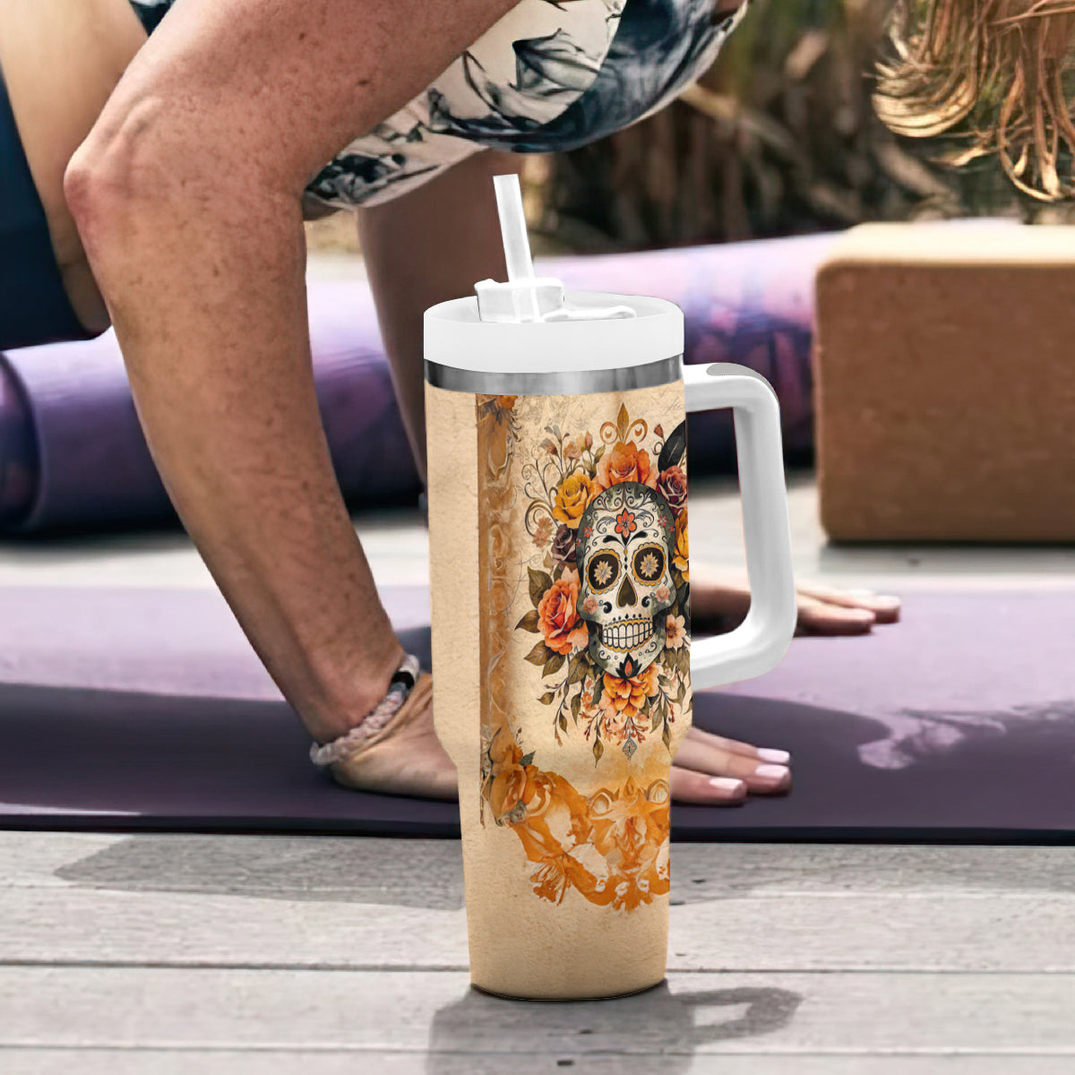 Sugar Skull Tumbler With Handle Rose Sugar Skull Vintage - Wonder Print Shop