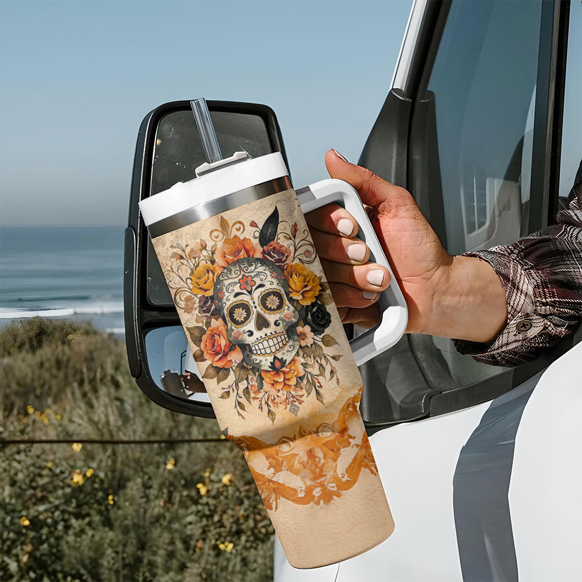 Sugar Skull Tumbler With Handle Rose Sugar Skull Vintage - Wonder Print Shop