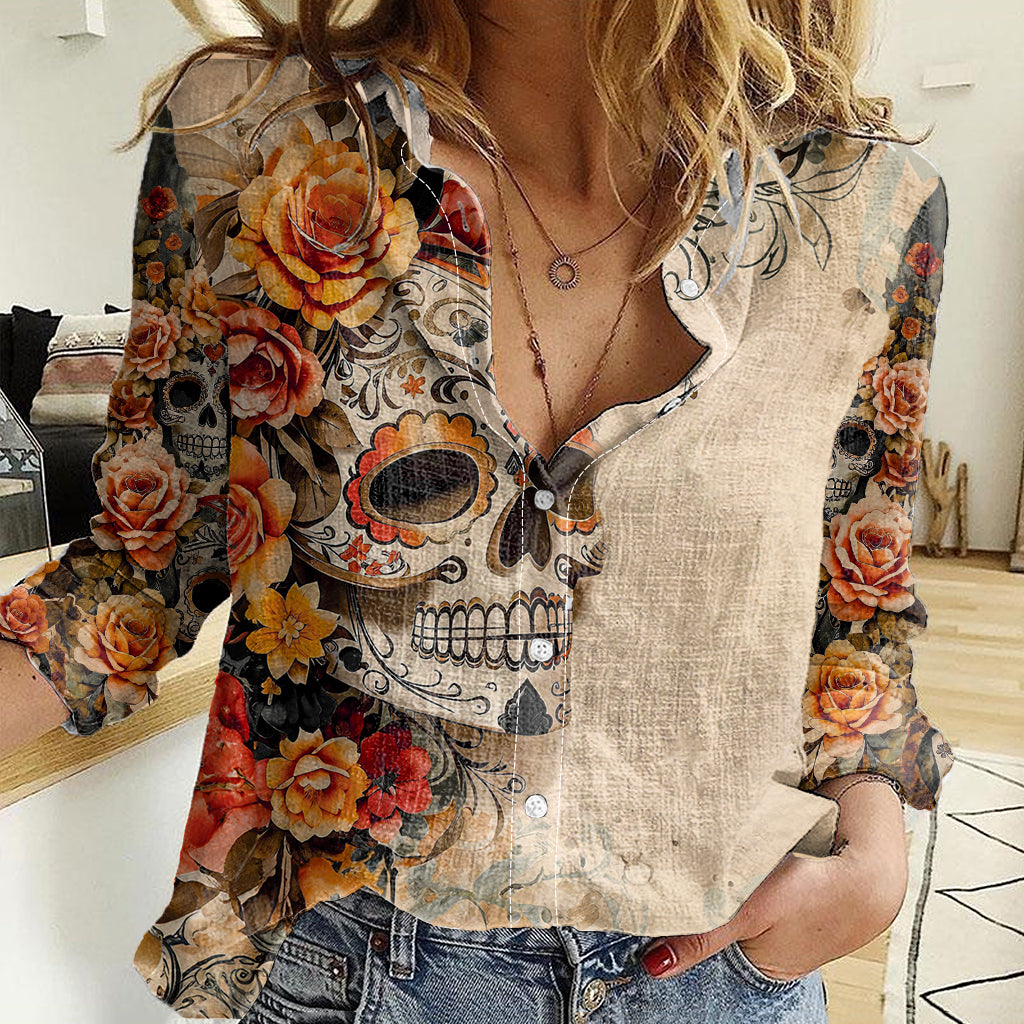 Sugar Skull Women Casual Shirt Rose Sugar Skull Vintage - Wonder Print Shop