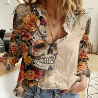 Sugar Skull Women Casual Shirt Rose Sugar Skull Vintage - Wonder Print Shop